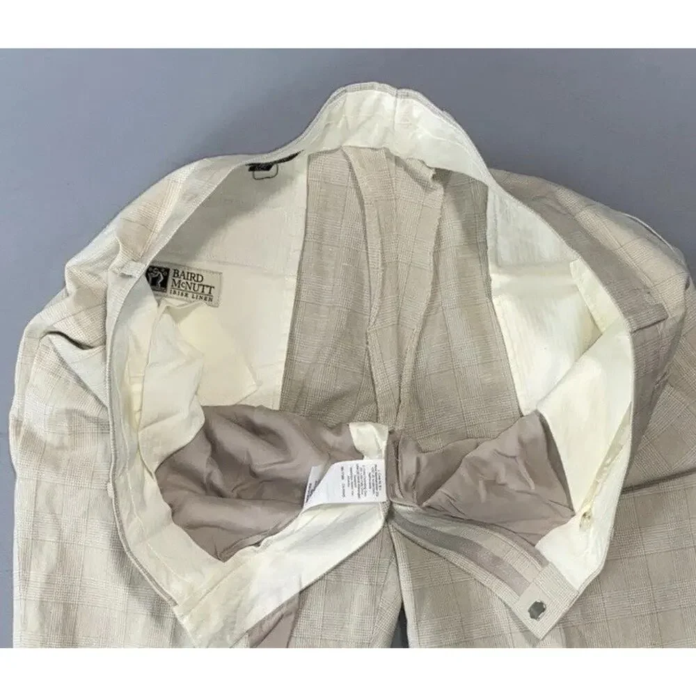 J Crew Ludlow Flat Front Baird McNutt Irish Linen Blend Pants. Ivory Plaid 35X30